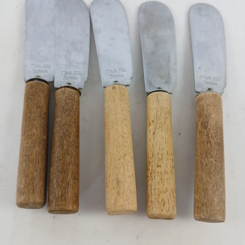 Set 5‎ Vtg Party Spreaders Taiwan Wood Handle Cheese Knives Charcuterie 4.1/4